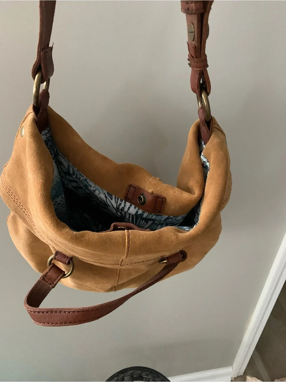 Lucky Brand Suede Shoulder Bag in Camel Tan with Brown Trim